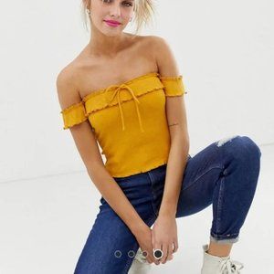 Bershka Yellow Ribbed Off-The-Shoulder Top XS